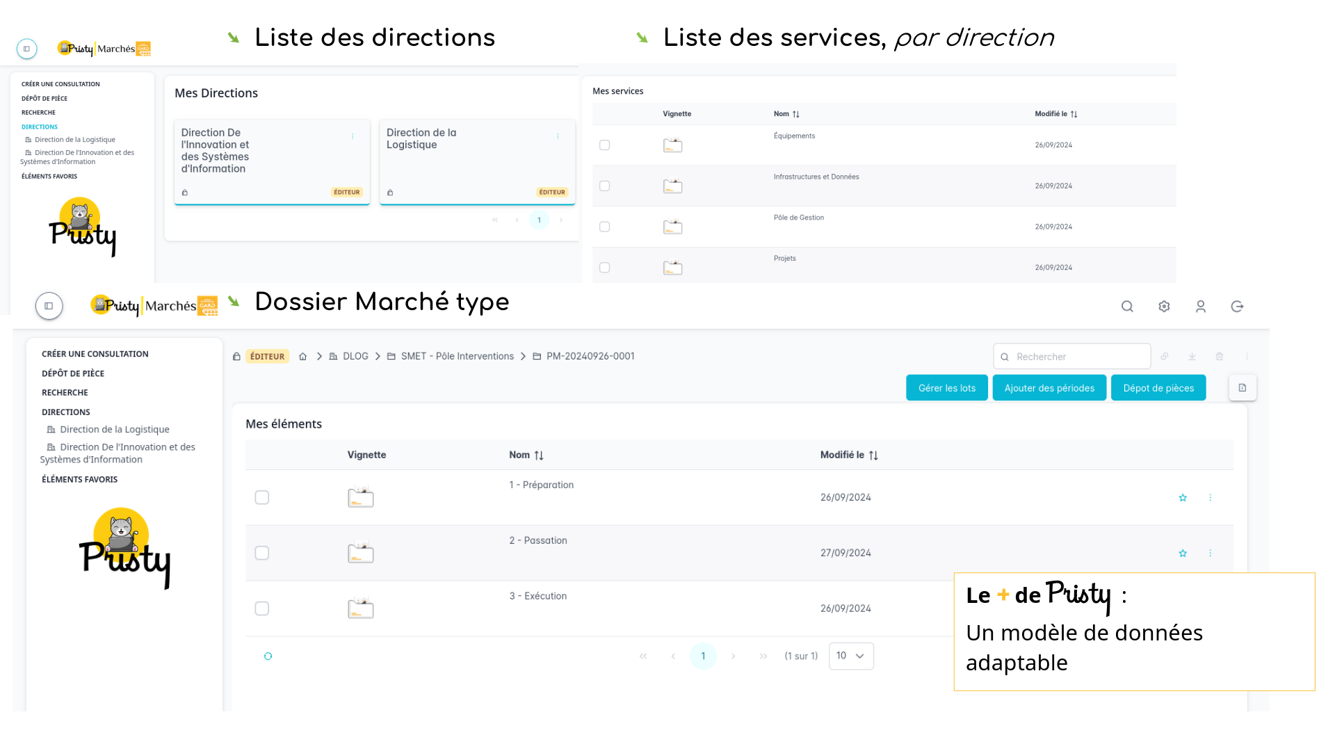 Visuel de l'application : plan de classement en fonction du type de dossier